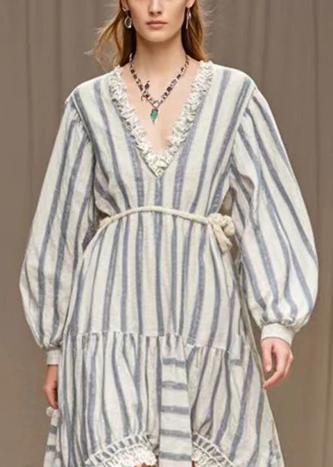 Simple White Ruffled Striped Silk Velvet Long Dresses Spring - Image 2