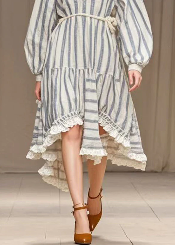 Simple White Ruffled Striped Silk Velvet Long Dresses Spring - Image 4