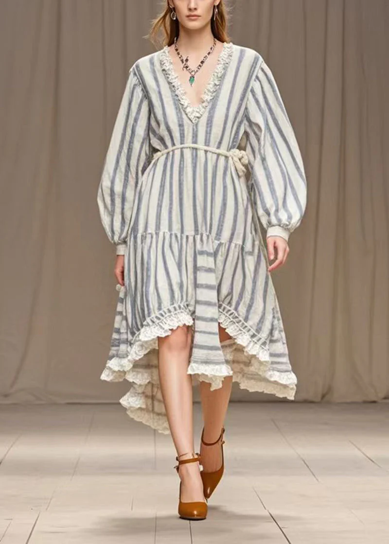 Simple White Ruffled Striped Silk Velvet Long Dresses Spring - Image 5
