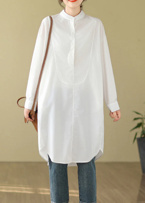 Simple White Stand Collar Button Shirts Dress Long Sleeve - Image 2