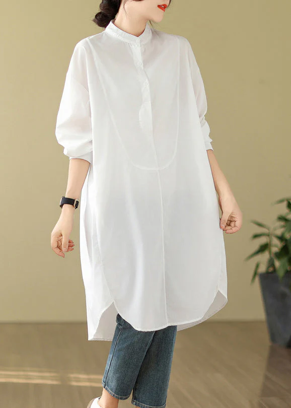 Simple White Stand Collar Button Shirts Dress Long Sleeve - Image 3