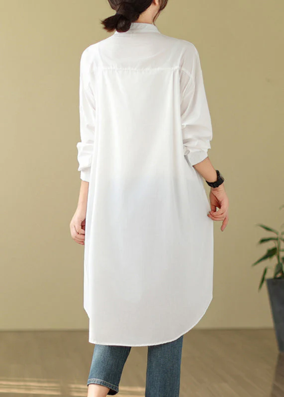 Simple White Stand Collar Button Shirts Dress Long Sleeve - Image 4