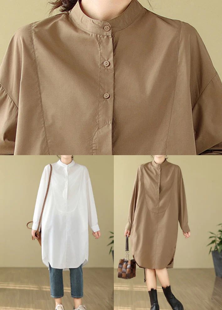 Simple White Stand Collar Button Shirts Dress Long Sleeve - Image 5