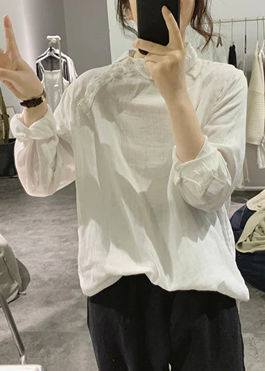 Simple White Stand Collar Cotton Shirt Spring - Image 2