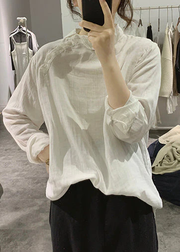 Simple White Stand Collar Cotton Shirt Spring - Image 3