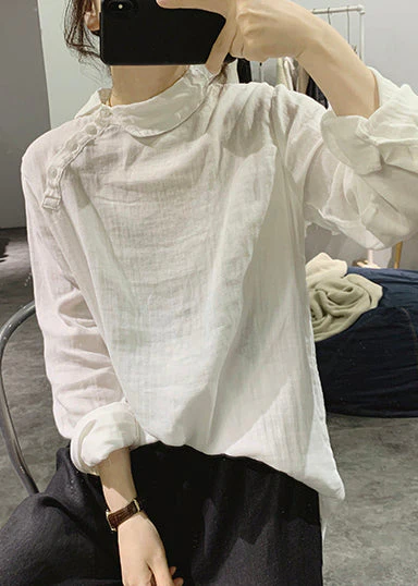 Simple White Stand Collar Cotton Shirt Spring - Image 4