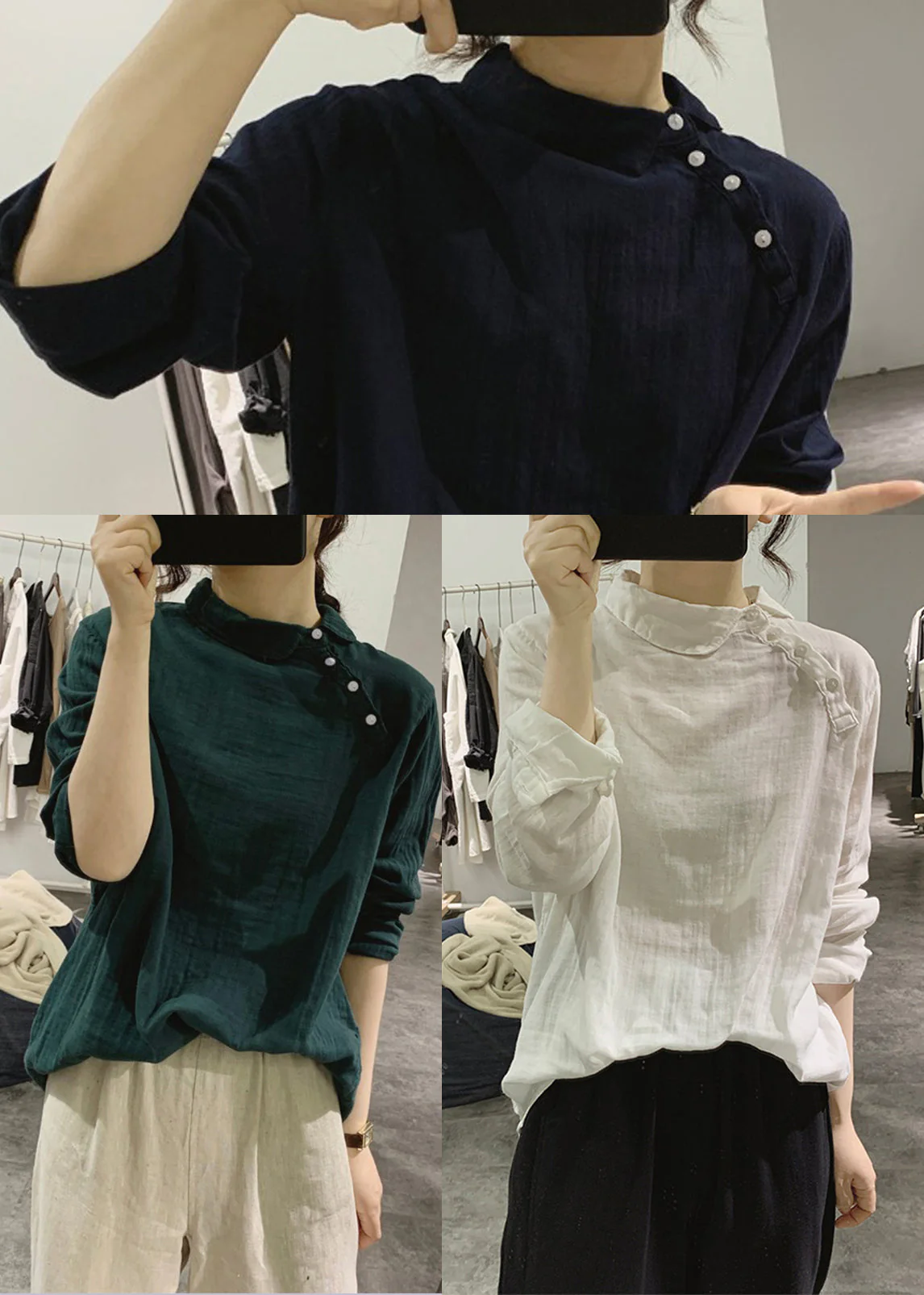Simple White Stand Collar Cotton Shirt Spring - Image 5