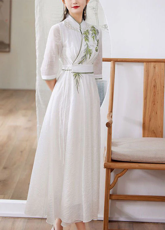 Simple White Stand Collar Embroideried Patchwork Silk Dress Spring - Image 3