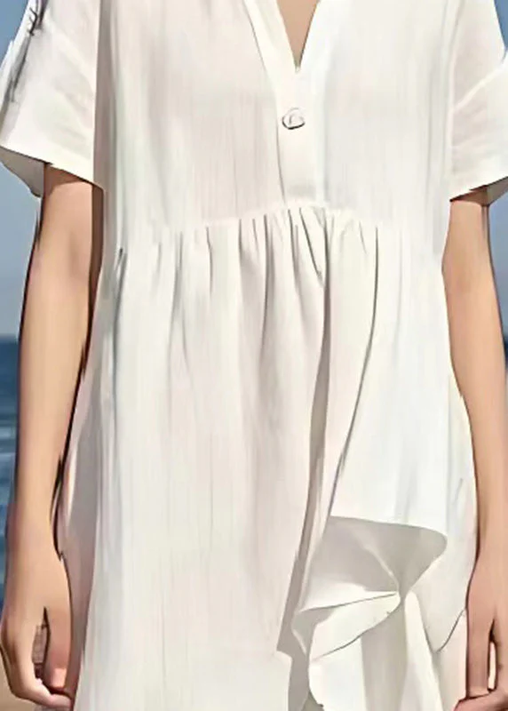 Simple White V Neck Exra Large Hem Linen Beach Dress Summer - Image 4