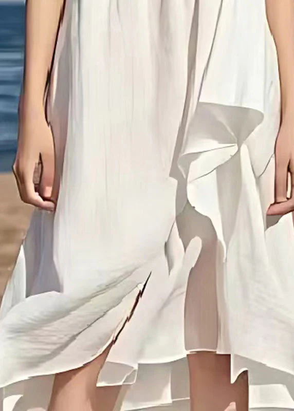 Simple White V Neck Exra Large Hem Linen Beach Dress Summer - Image 5