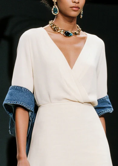 Simple White V Neck Patchwork Denim Mid Dress Summer - Image 2