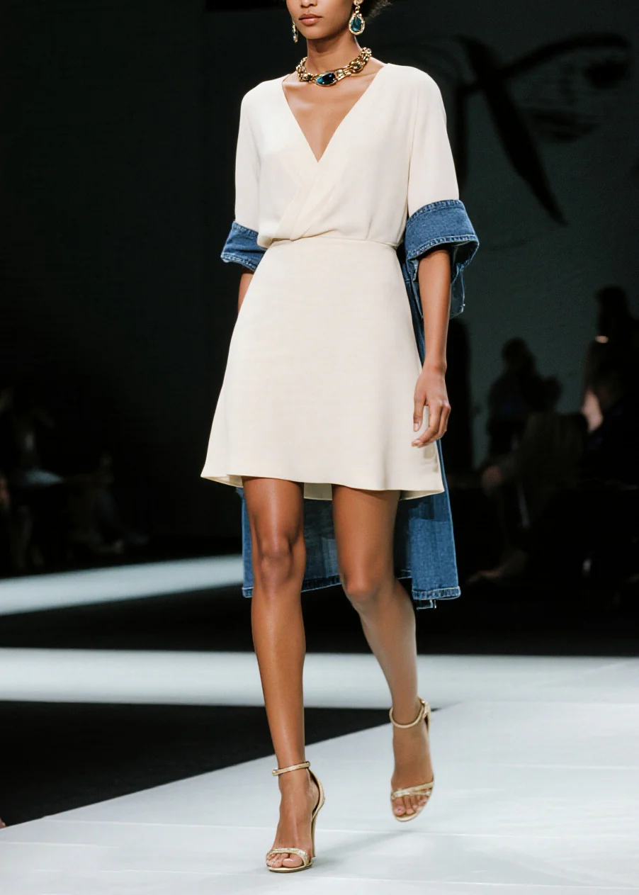 Simple White V Neck Patchwork Denim Mid Dress Summer - Image 3