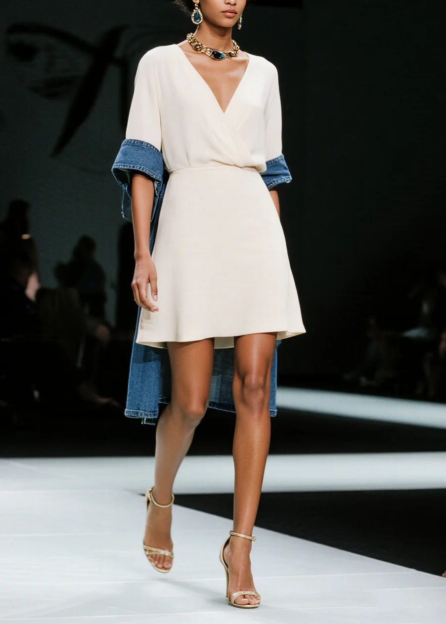 Simple White V Neck Patchwork Denim Mid Dress Summer - Image 5