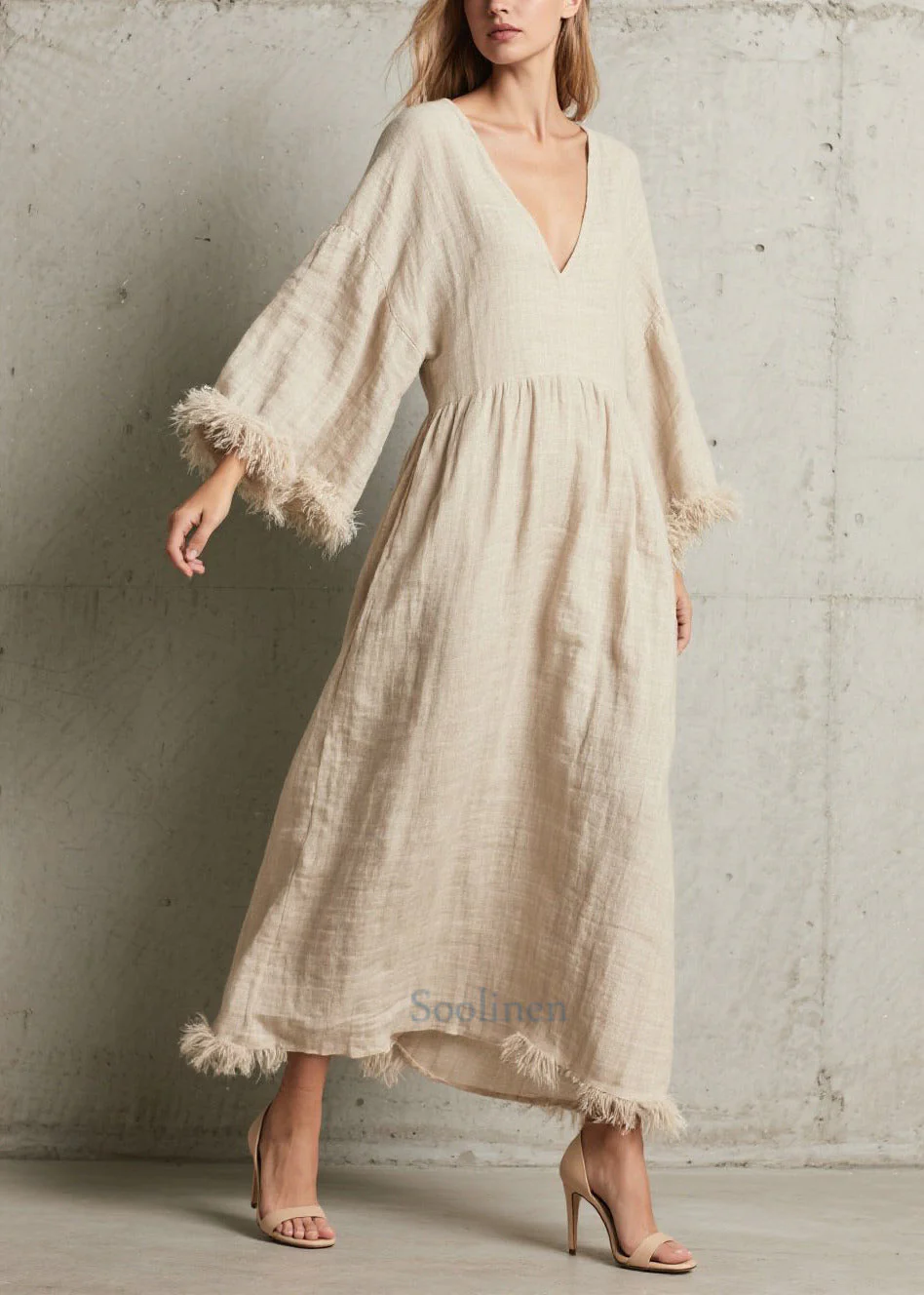 Simple White V Neck Patchwork Faux Fur Ankle Dress Fall