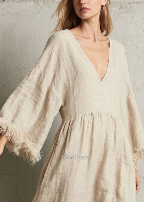 Simple White V Neck Patchwork Faux Fur Ankle Dress Fall - Image 2