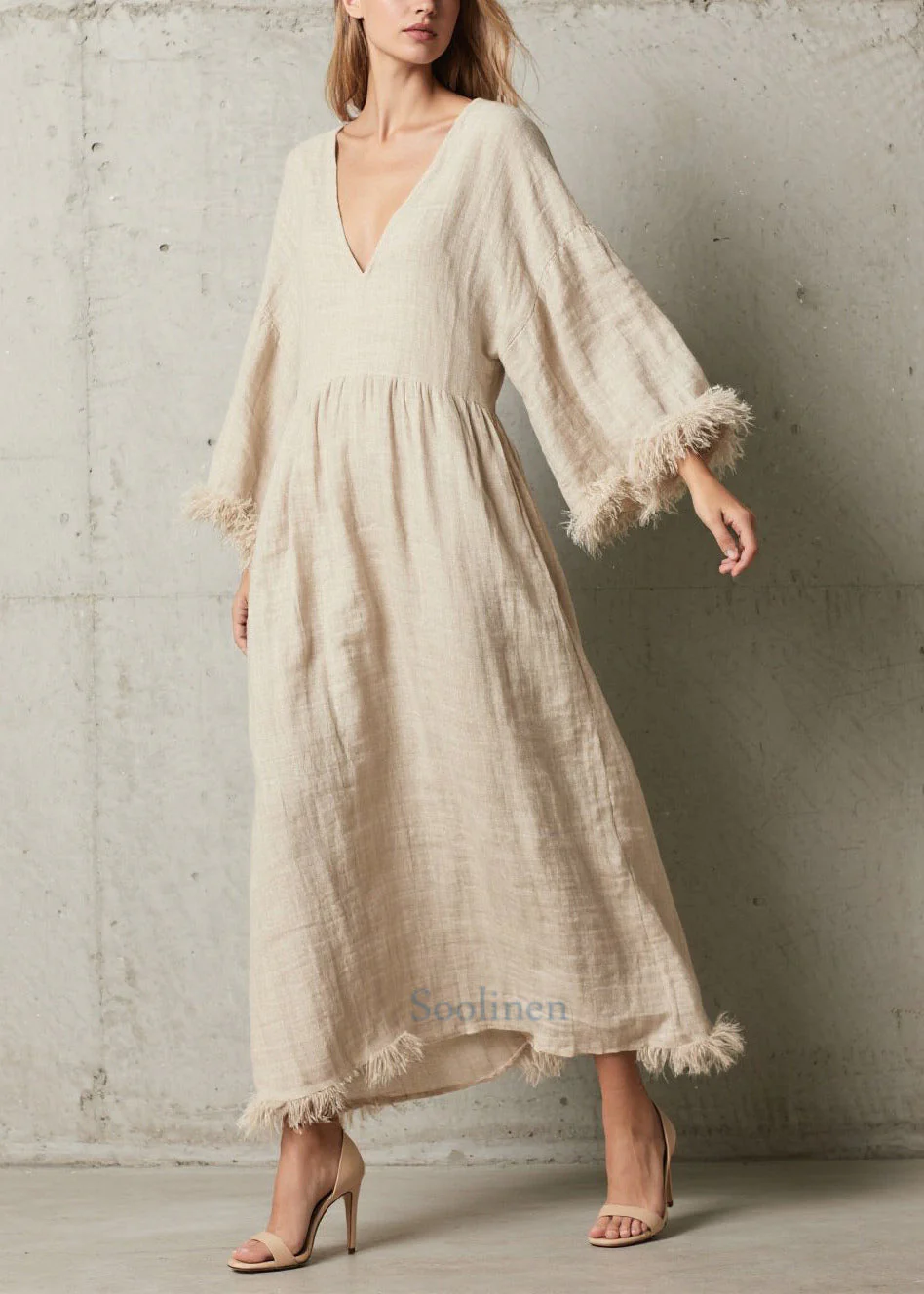 Simple White V Neck Patchwork Faux Fur Ankle Dress Fall - Image 3