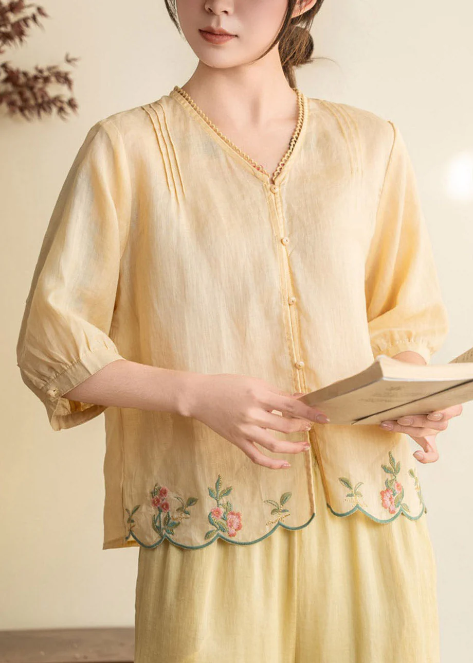 Simple White V Neck Patchwork Linen Shirt Half Sleeve - Image 2