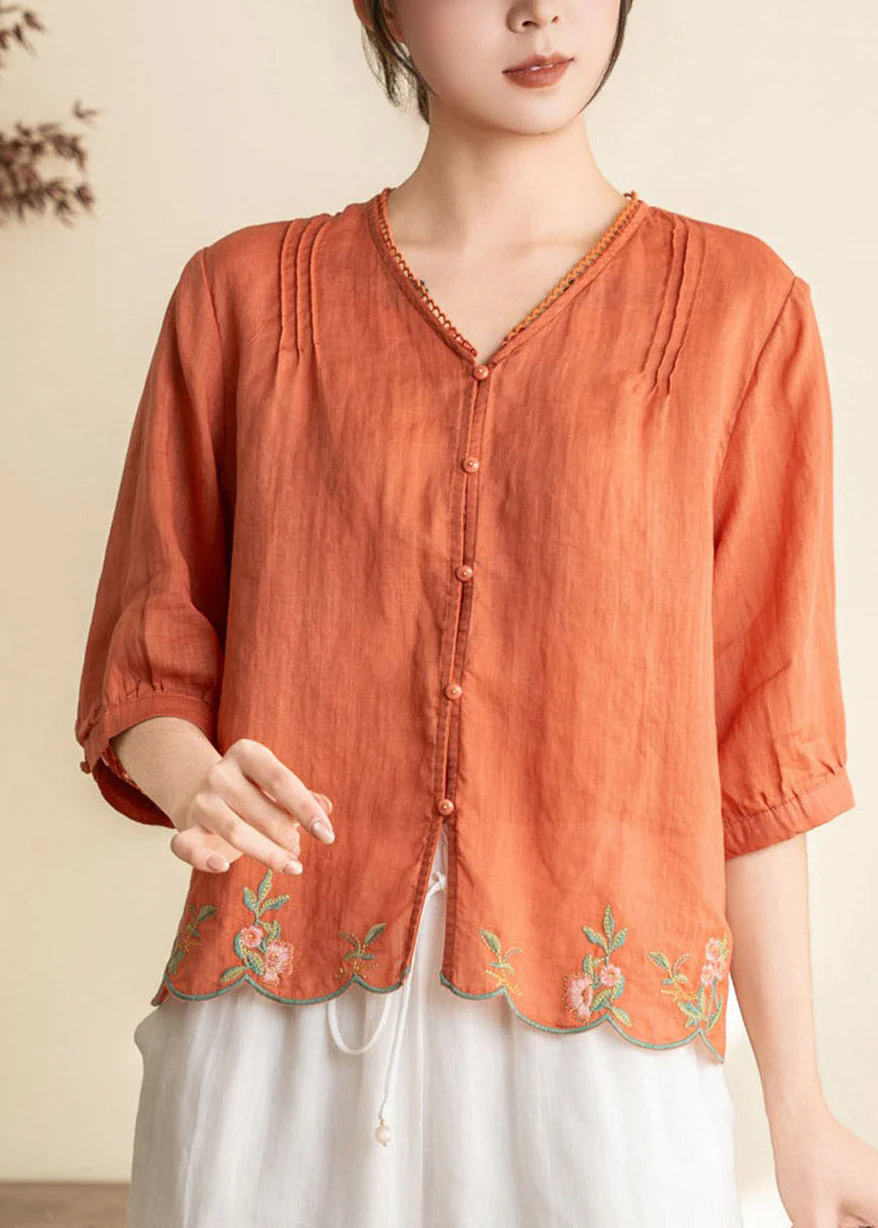 Simple White V Neck Patchwork Linen Shirt Half Sleeve - Image 3