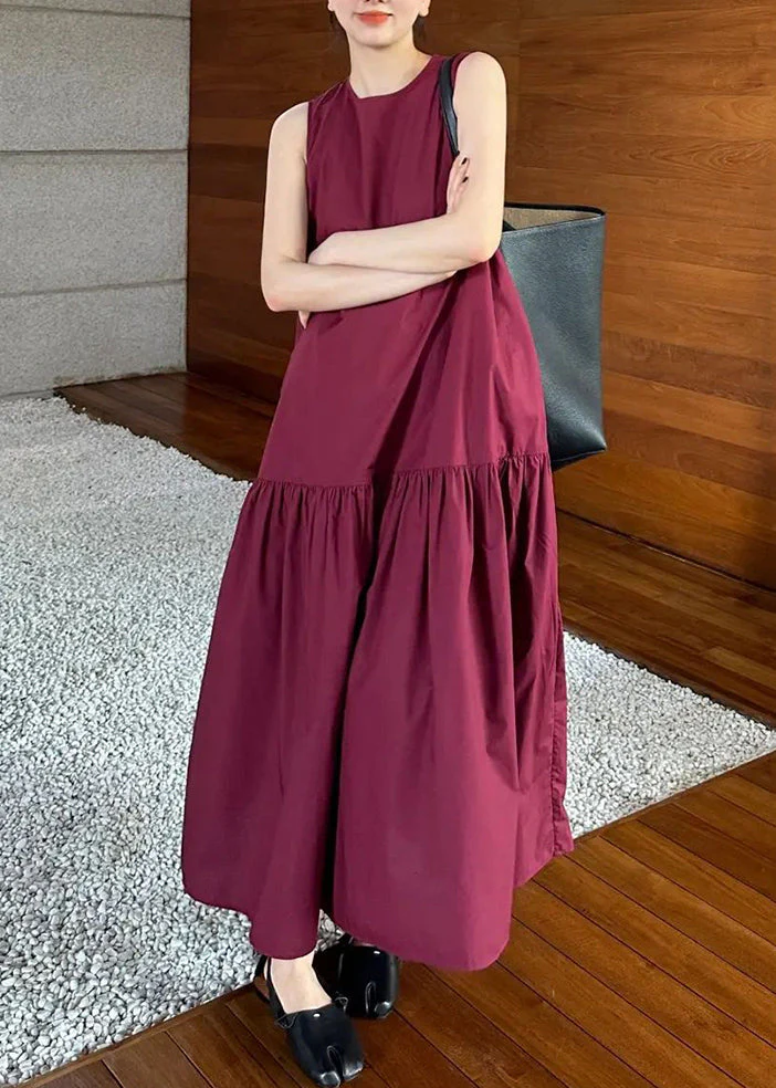 Simple Wine Red Pockets Wrinkled Solid Cotton Long Dresses Sleeveles - Image 2