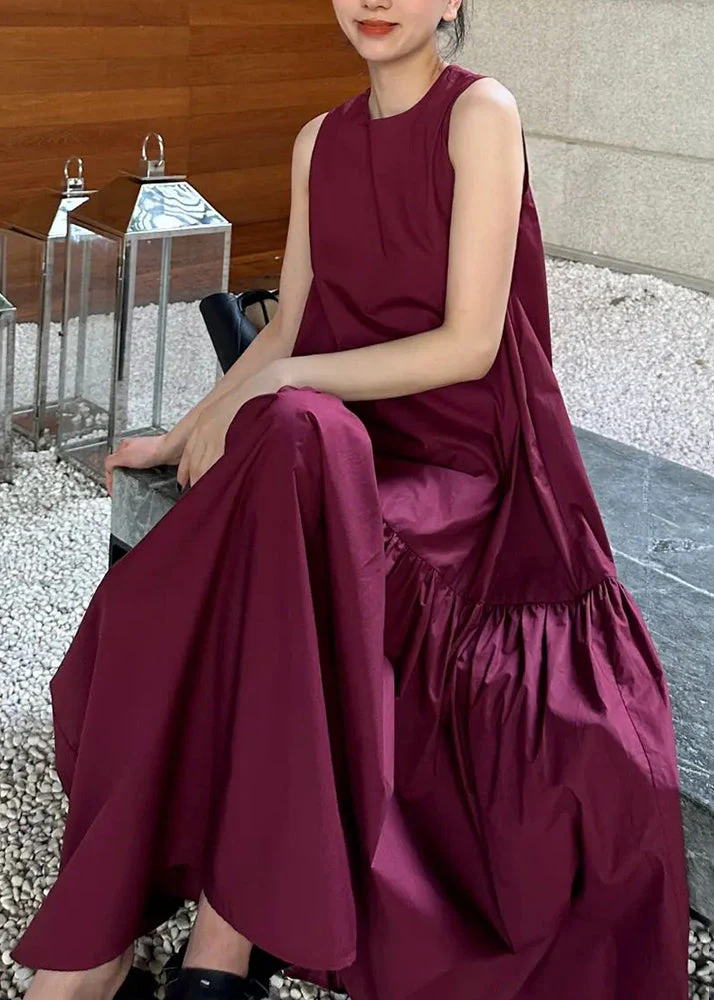Simple Wine Red Pockets Wrinkled Solid Cotton Long Dresses Sleeveles - Image 3