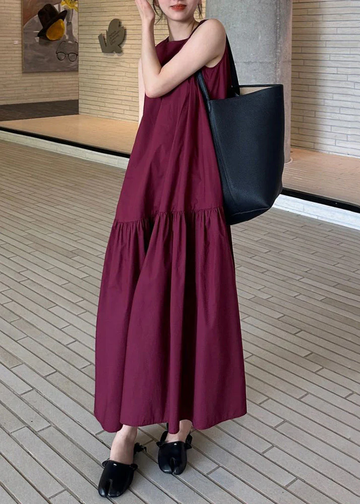 Simple Wine Red Pockets Wrinkled Solid Cotton Long Dresses Sleeveles - Image 4