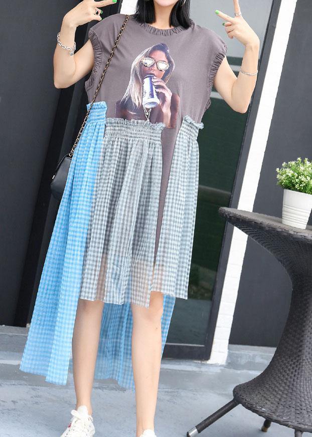 Simple Cinched o neck cotton Long Shirts Work Outfits gray patchwork cotton Dress summer - Image 2
