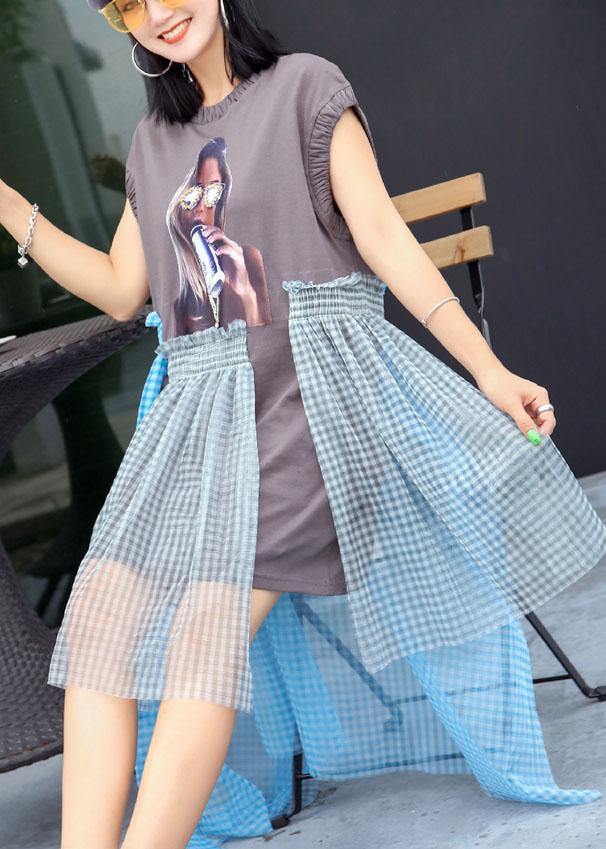 Simple Cinched o neck cotton Long Shirts Work Outfits gray patchwork cotton Dress summer - Image 3