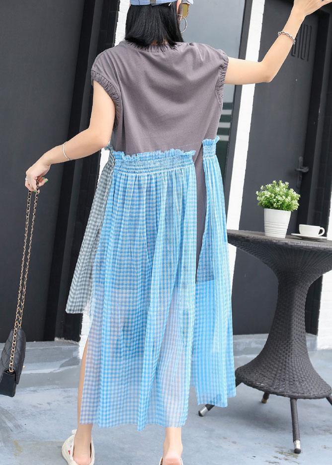 Simple Cinched o neck cotton Long Shirts Work Outfits gray patchwork cotton Dress summer - Image 4