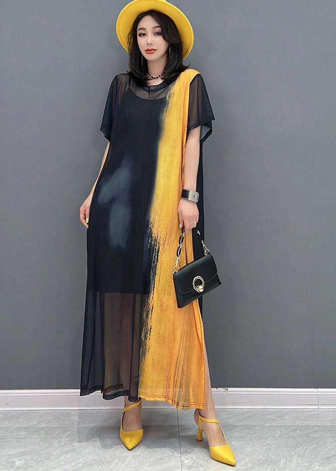 Simple Yellow Black O-Neck Side Open Hollow Out Tulle Dress Long Smock Short Sleeve - Image 2