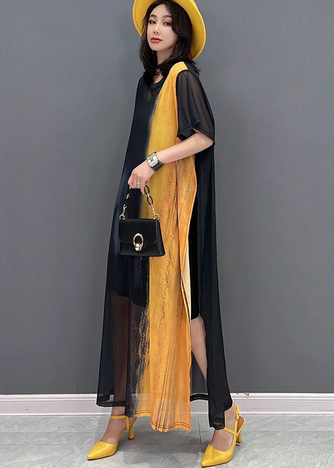 Simple Yellow Black O-Neck Side Open Hollow Out Tulle Dress Long Smock Short Sleeve - Image 3