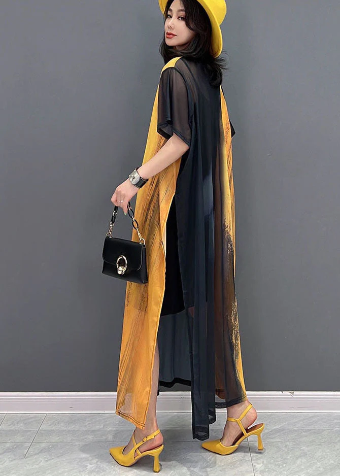 Simple Yellow Black O-Neck Side Open Hollow Out Tulle Dress Long Smock Short Sleeve - Image 4