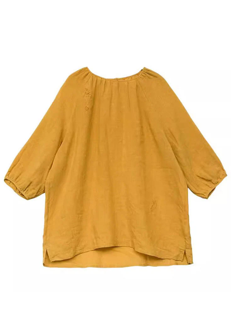 Simple Yellow Embroidered Low High Design T Shirt Three Quarter Sleeve - Image 5
