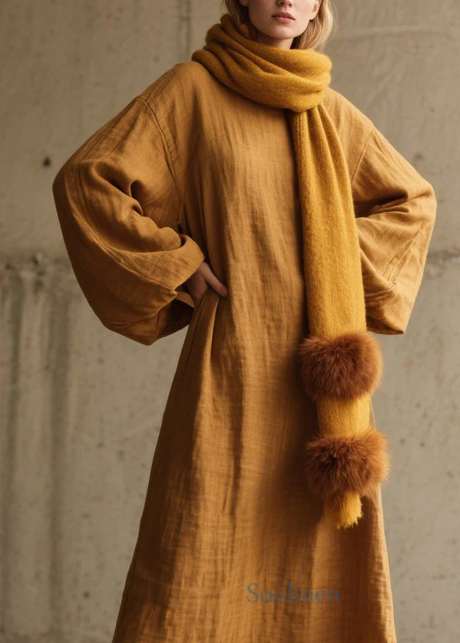 Simple Yellow O Neck Cotton Long Dress Lantern Sleeve - Image 2
