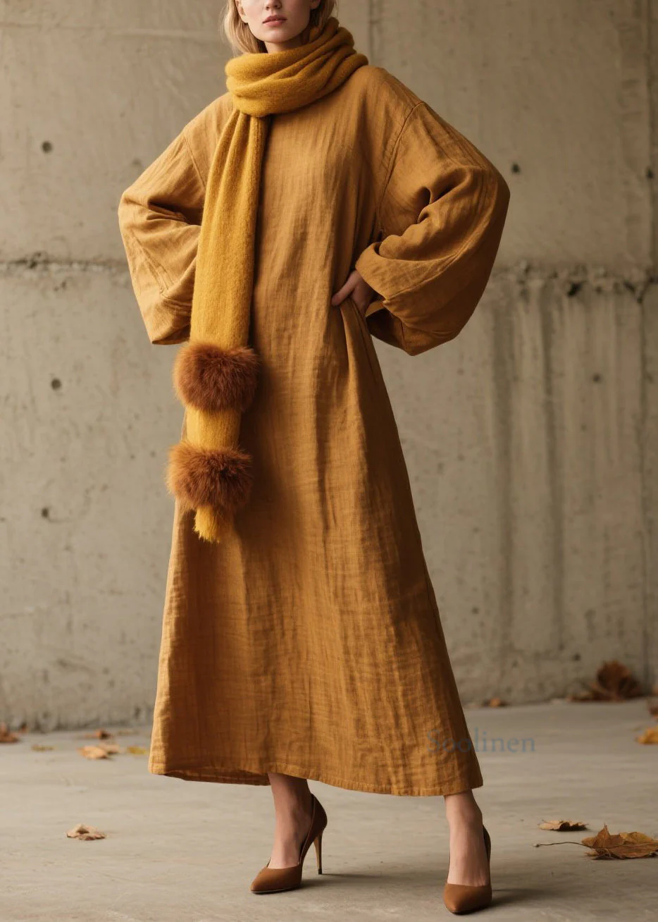 Simple Yellow O Neck Cotton Long Dress Lantern Sleeve - Image 3