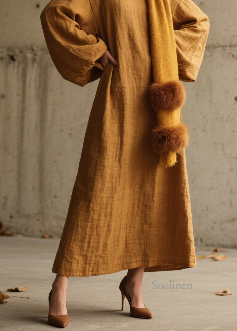 Simple Yellow O Neck Cotton Long Dress Lantern Sleeve - Image 4