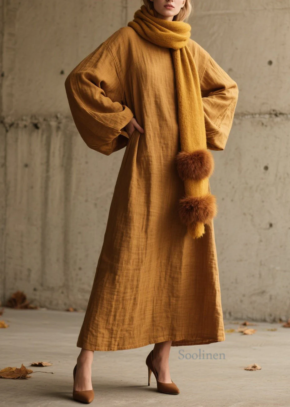 Simple Yellow O Neck Cotton Long Dress Lantern Sleeve - Image 5