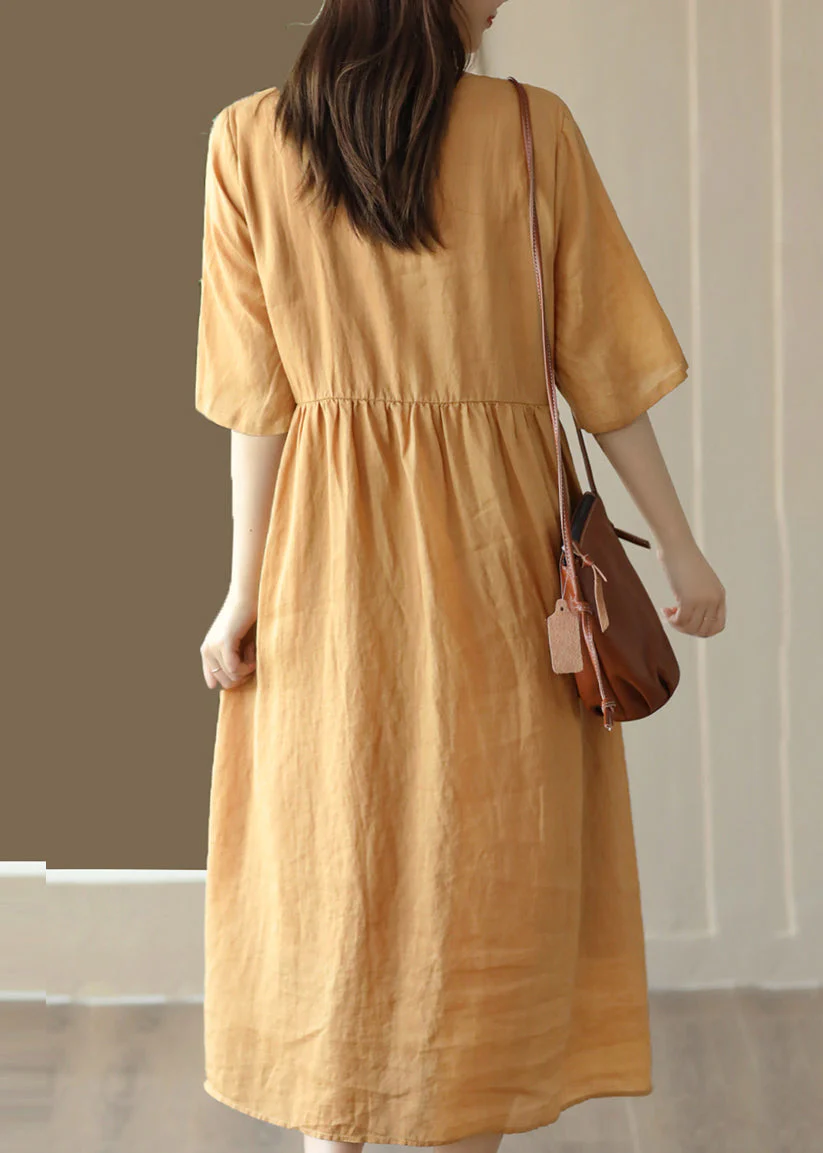 Simple Yellow O-Neck Patchwork Linen Long Dresses Summer - Image 4