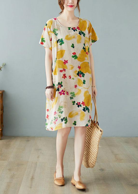 Simple Yellow O Neck Print Dress Cotton Linen Summer - Image 2