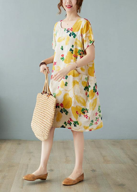 Simple Yellow O Neck Print Dress Cotton Linen Summer - Image 3