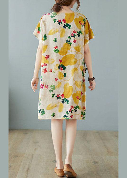 Simple Yellow O Neck Print Dress Cotton Linen Summer - Image 4