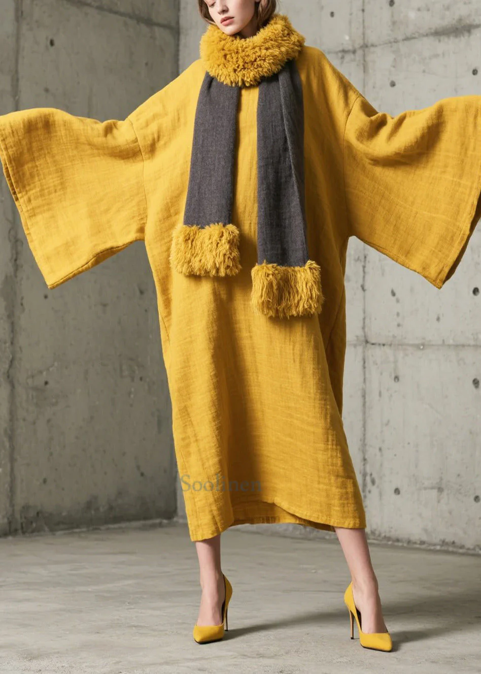 Simple Yellow Oversized Cotton Long Gown Dresses Batwing Sleeve - Image 3