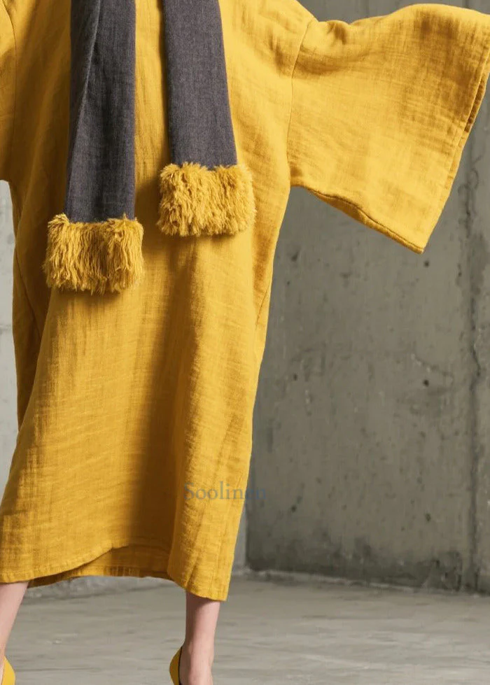 Simple Yellow Oversized Cotton Long Gown Dresses Batwing Sleeve - Image 4