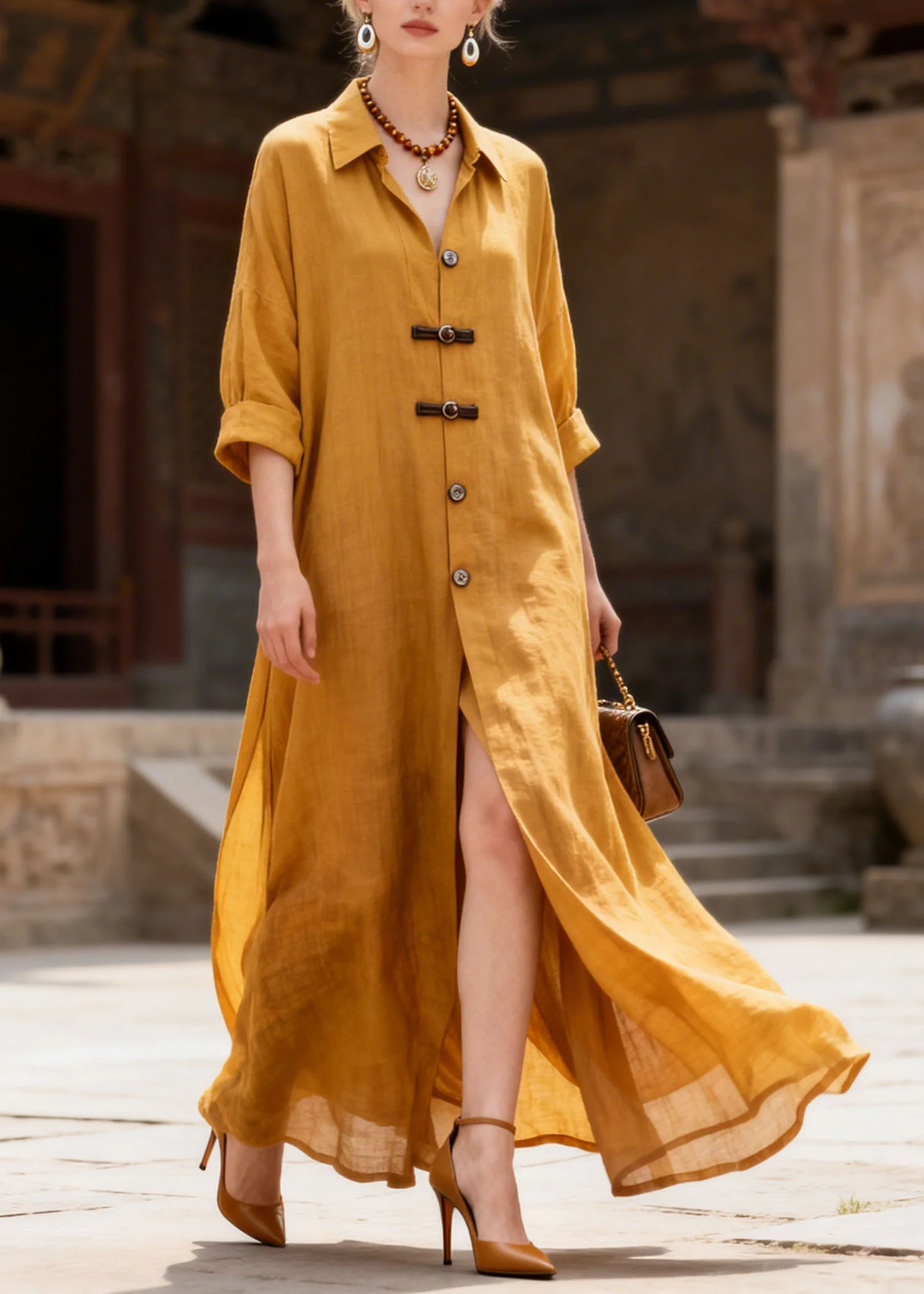 Simple Yellow Peter Pan Collar Button Patchwork Cotton Dress Summer - Image 3