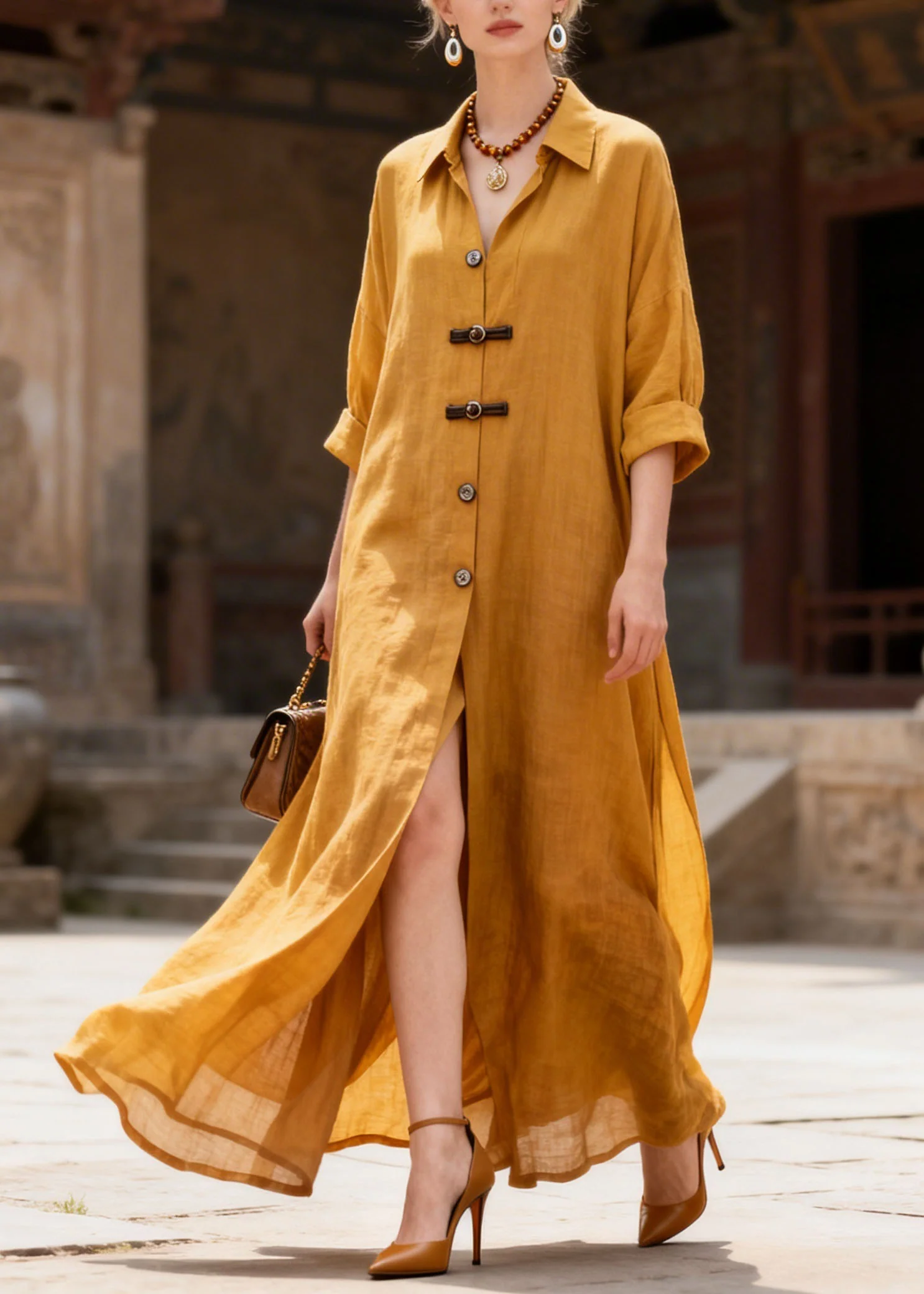 Simple Yellow Peter Pan Collar Button Patchwork Cotton Dress Summer - Image 5