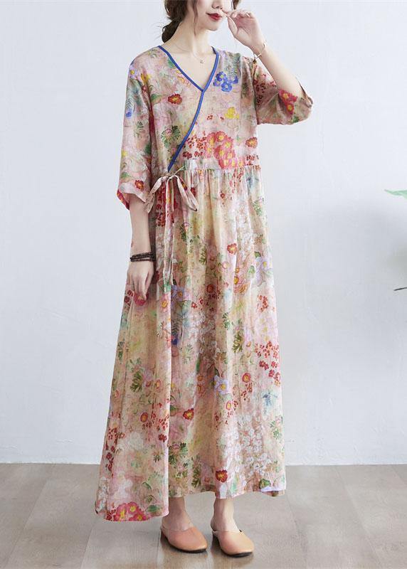 Simple yellow Print V Neck Floral Summer Tie Waist Long Dresses Half Sleeve - Image 3