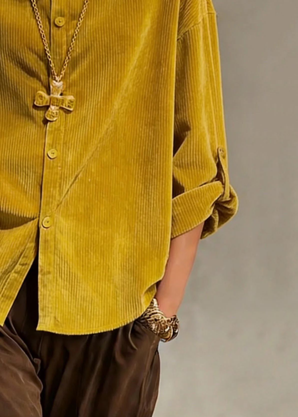 Simple Yellow Stand Collar Button Solid Shirts Spring - Image 4