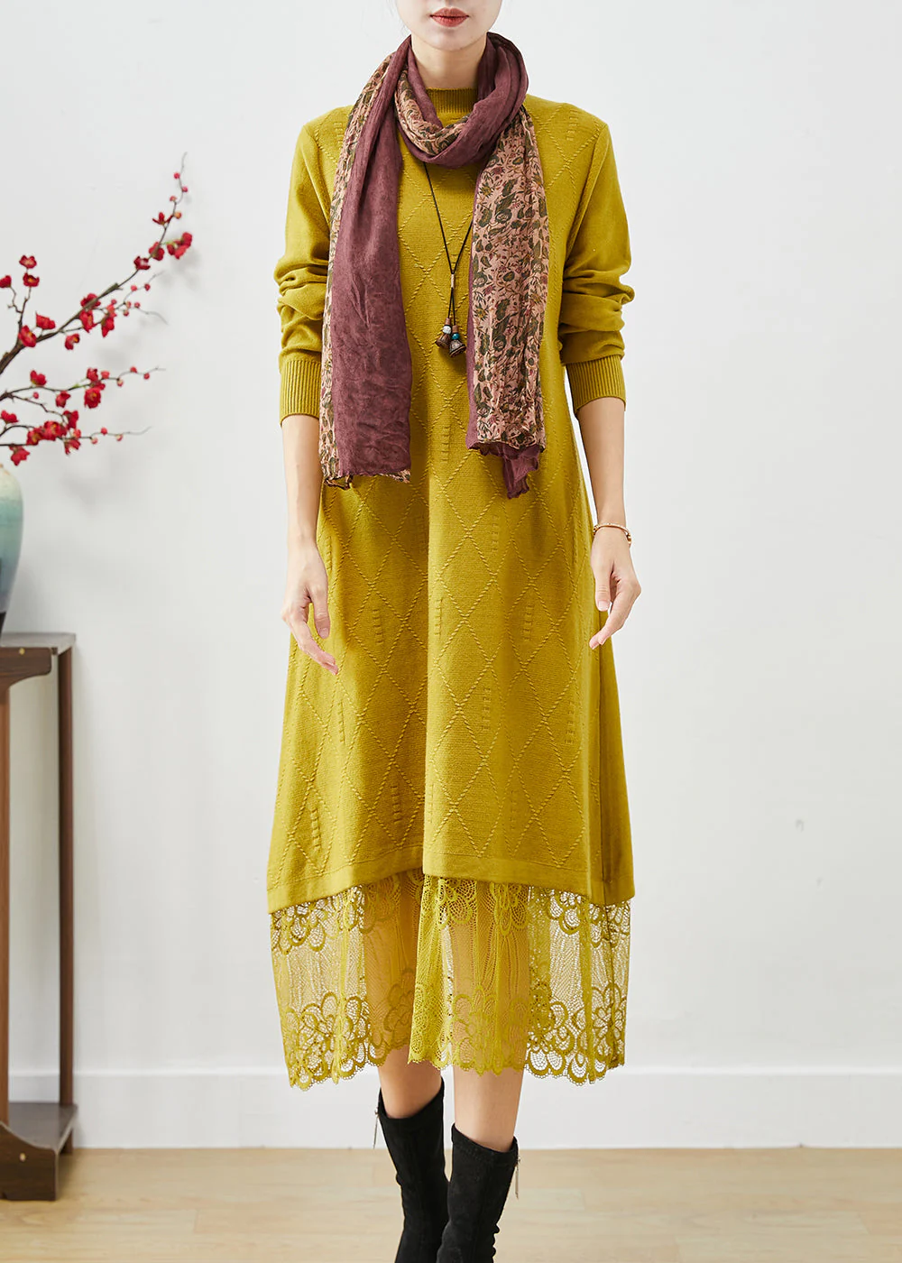 Simple Yellow Stand Collar Lace Patchwork Knit Long Dress Fall