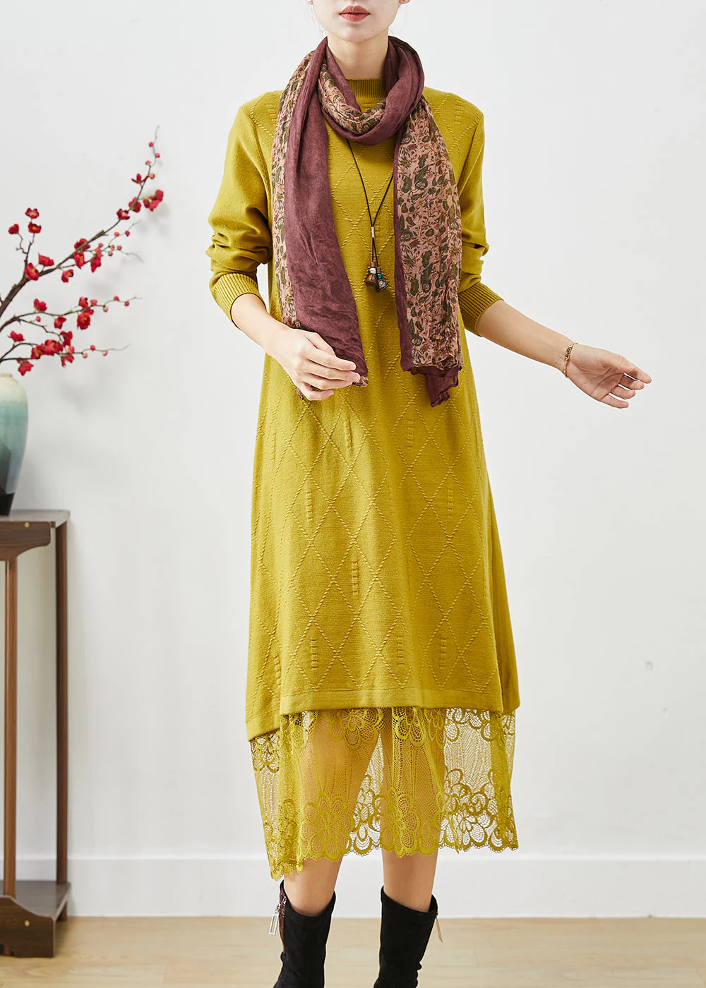 Simple Yellow Stand Collar Lace Patchwork Knit Long Dress Fall - Image 2