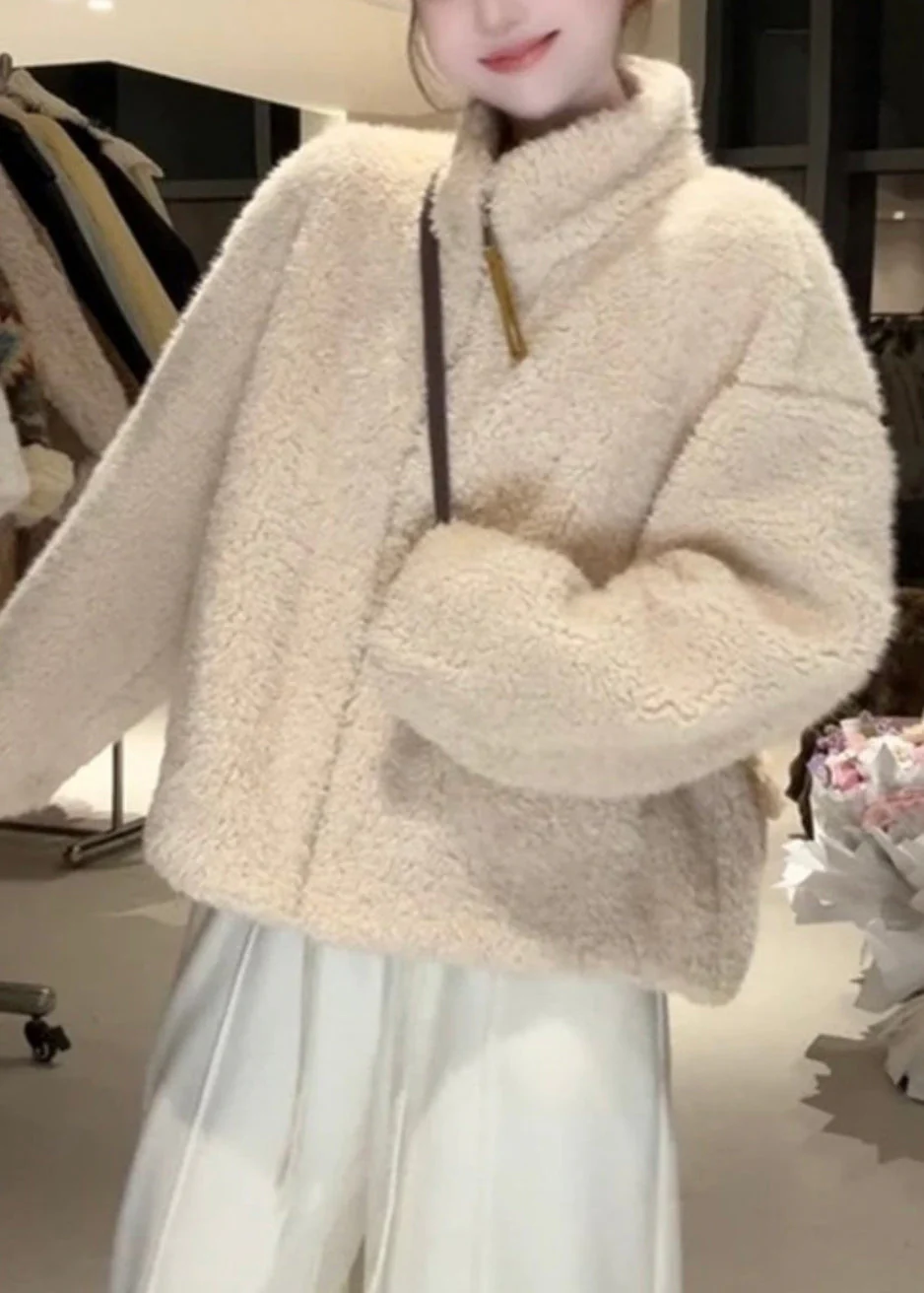 Simple Yellow Stand Collar Zippered Pockets Fluffy Coat - Image 2