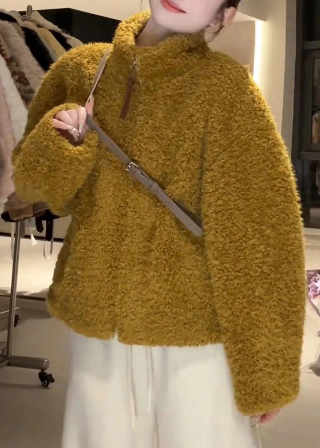 Simple Yellow Stand Collar Zippered Pockets Fluffy Coat - Image 3